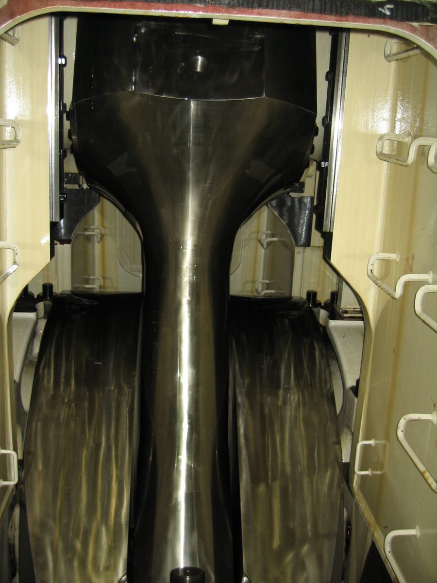 Crosshead and guides seen through an open crankcase door