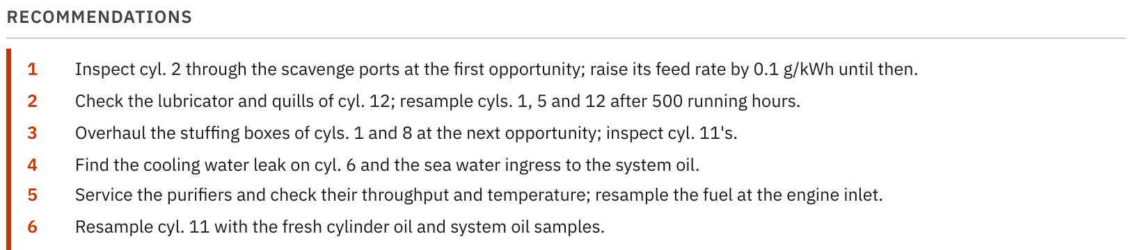 Six numbered recommendations from a Flame SDA report, each naming the cylinder and the action
